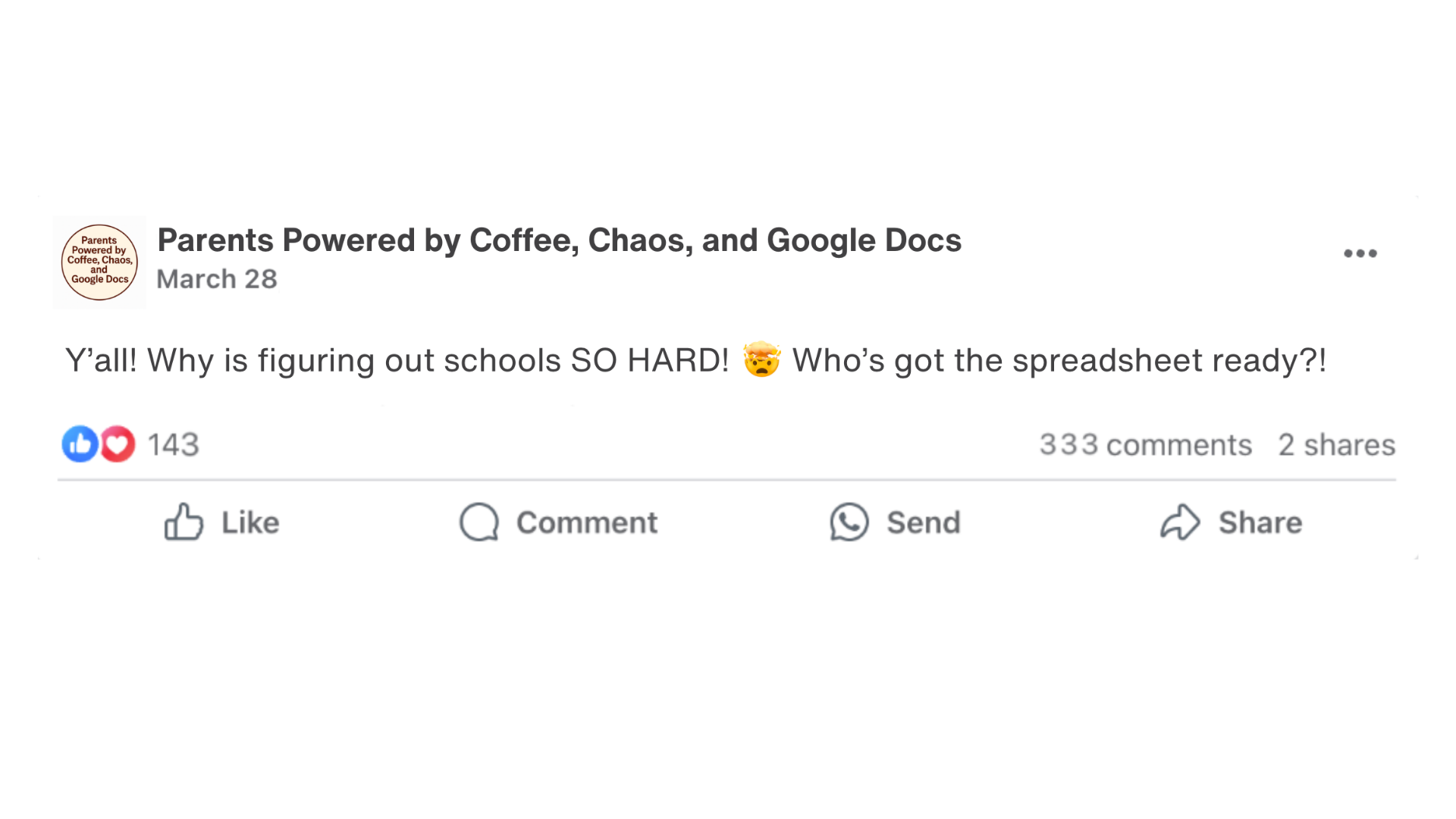 Facebook post: Parents Powered by Coffee, Chaos, and Google Docs