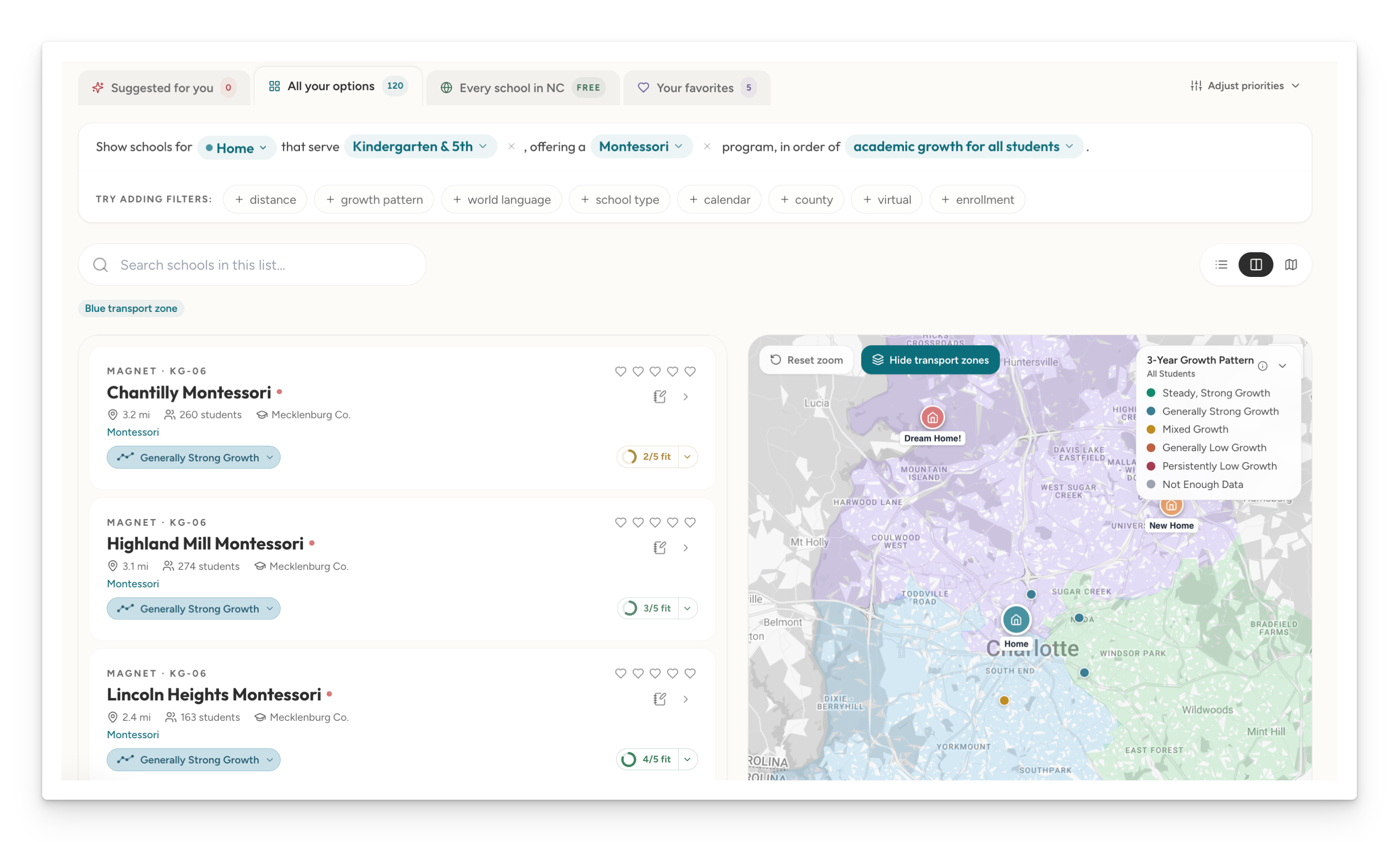 A map of Charlotte showing school options, magnet transportation zones, and information about schools.