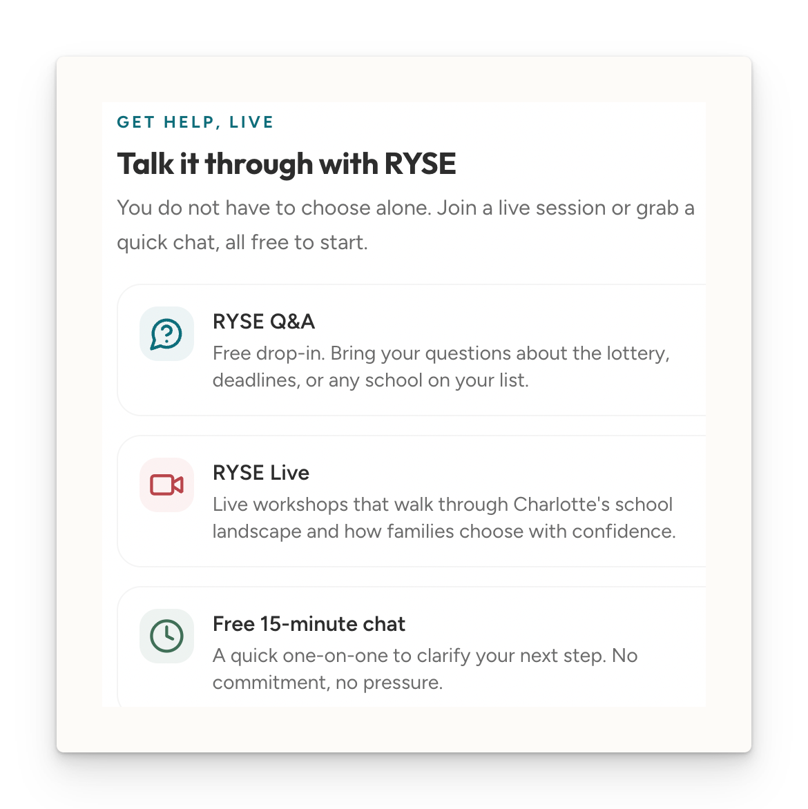 A list of events where RYSE supports families in navigating school choice.