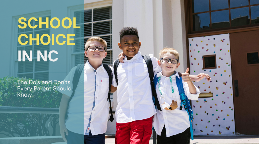 Three elementary aged boys wearing backpacks and standing in front of a school looking happy. 