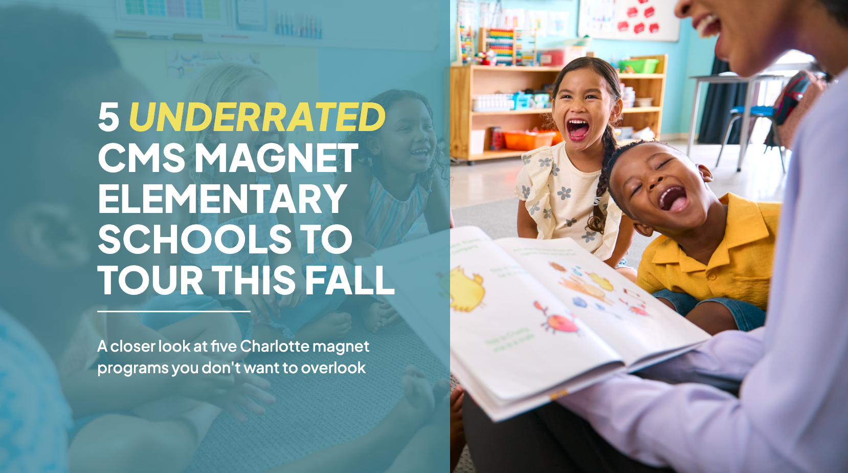 A teacher reads a picture book to three laughing young children on a classroom rug, beside the title 5 Underrated CMS Magnet Elementary Schools to Tour This Fall