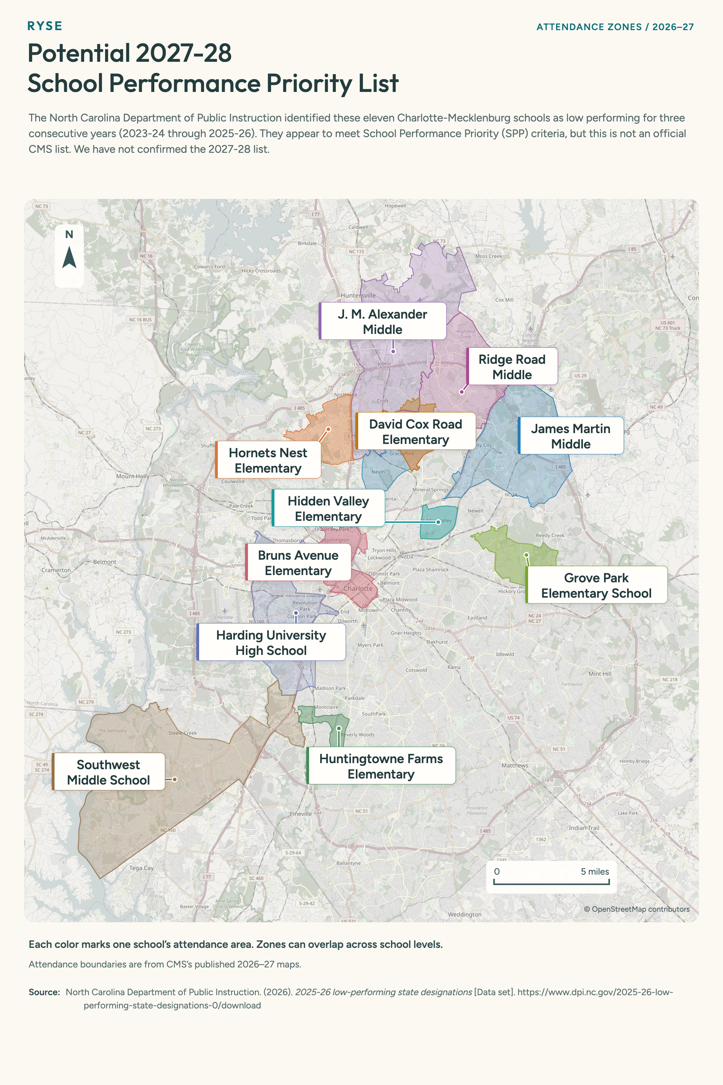 Attendance zones for 11 Charlotte-Mecklenburg schools that may qualify for School Performance Priority in 2027–28. Boundaries shown are for 2026–27; this is not an official CMS eligibility list.