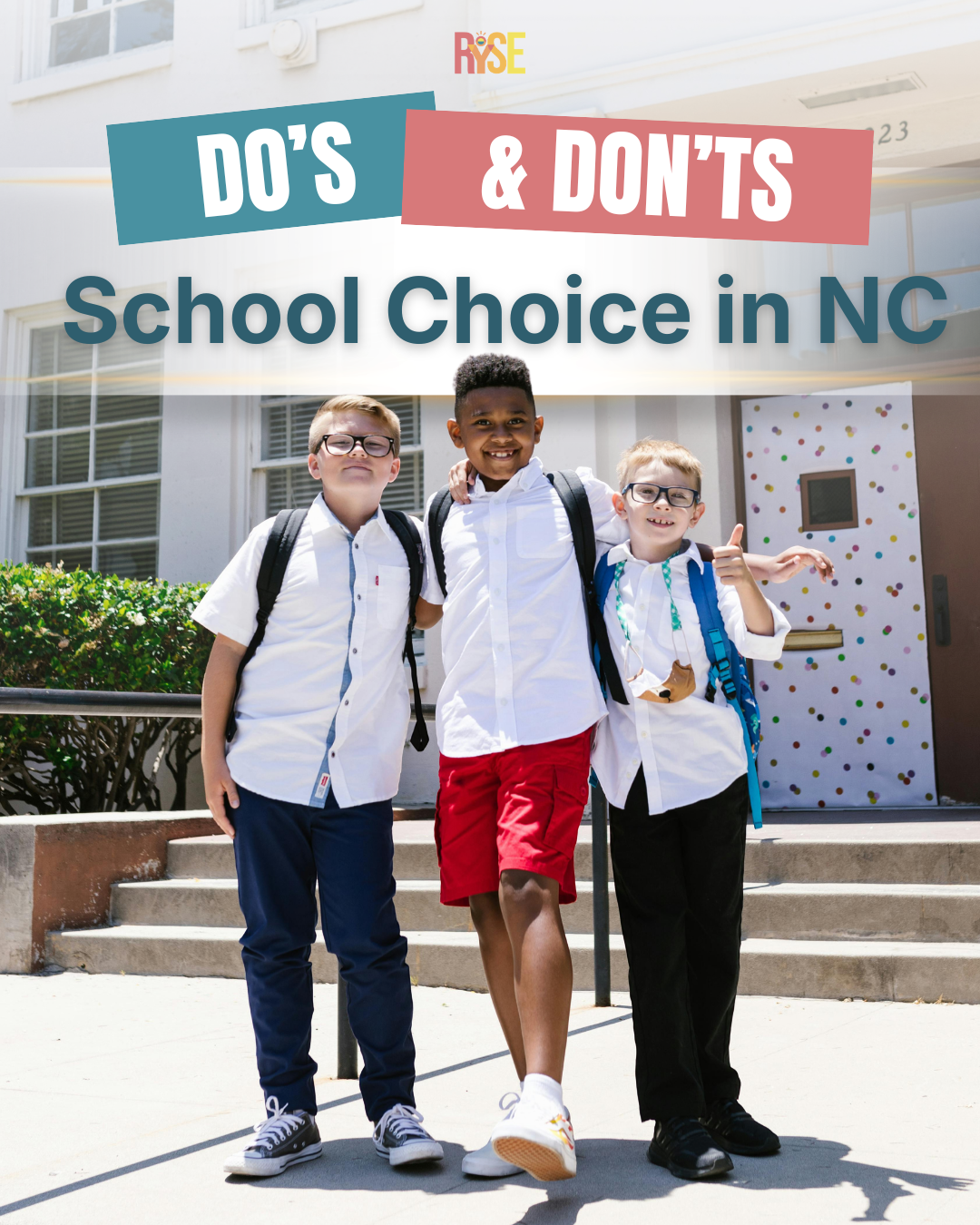 Three elementary aged boys wearing backpacks and standing in front of a school looking happy. 