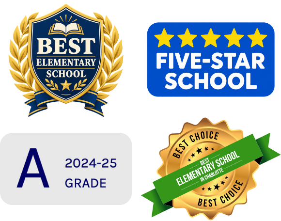 Four example award badges a school might display: Best Elementary School, Five-Star School, an A grade for 2024-25, and Best Elementary School in Charlotte.