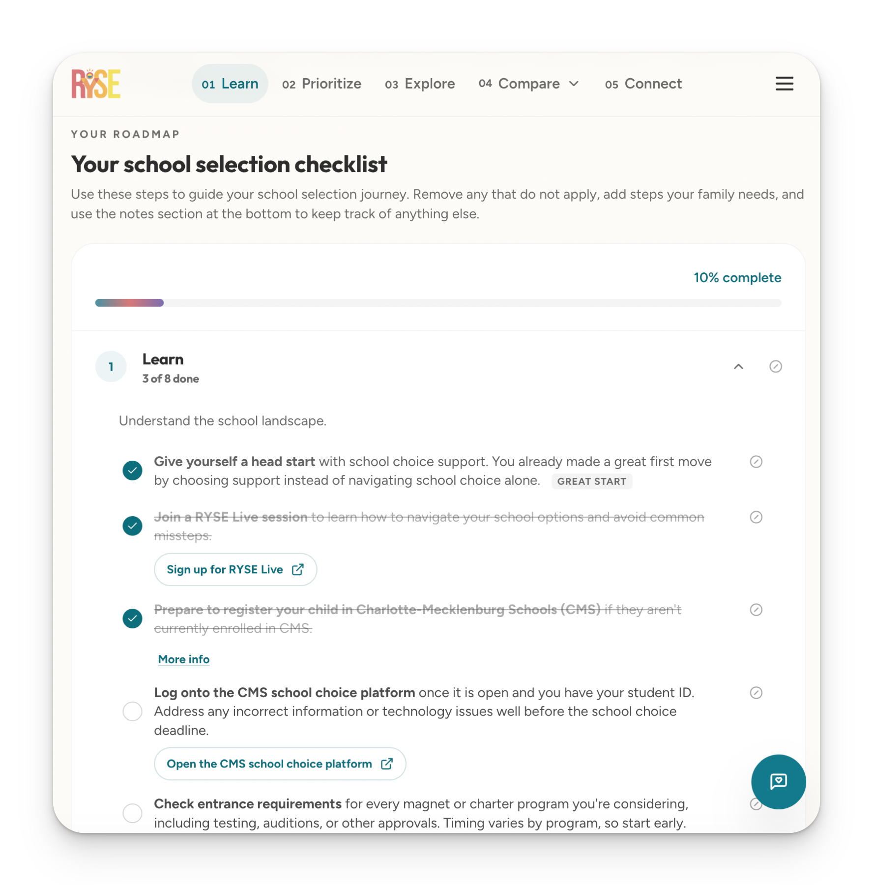 RYSE school selection checklist with customizable Charlotte school choice tasks and progress controls.