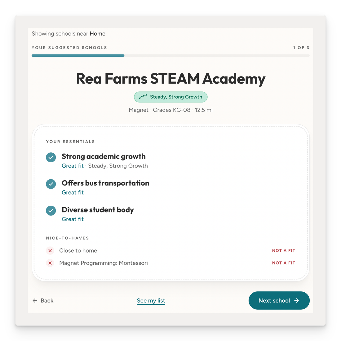 RYSE online tools showing personalized school comparison